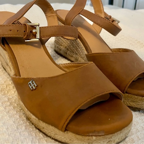 Tommy Hilfiger Tan leather Sandals 6 jute wedge Ankle Strap‎ casual summer - Picture 6 of 9